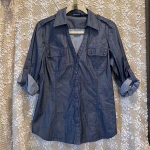 Express Studio Long Sleeved Denim Blouse- Medium/Dark Blue